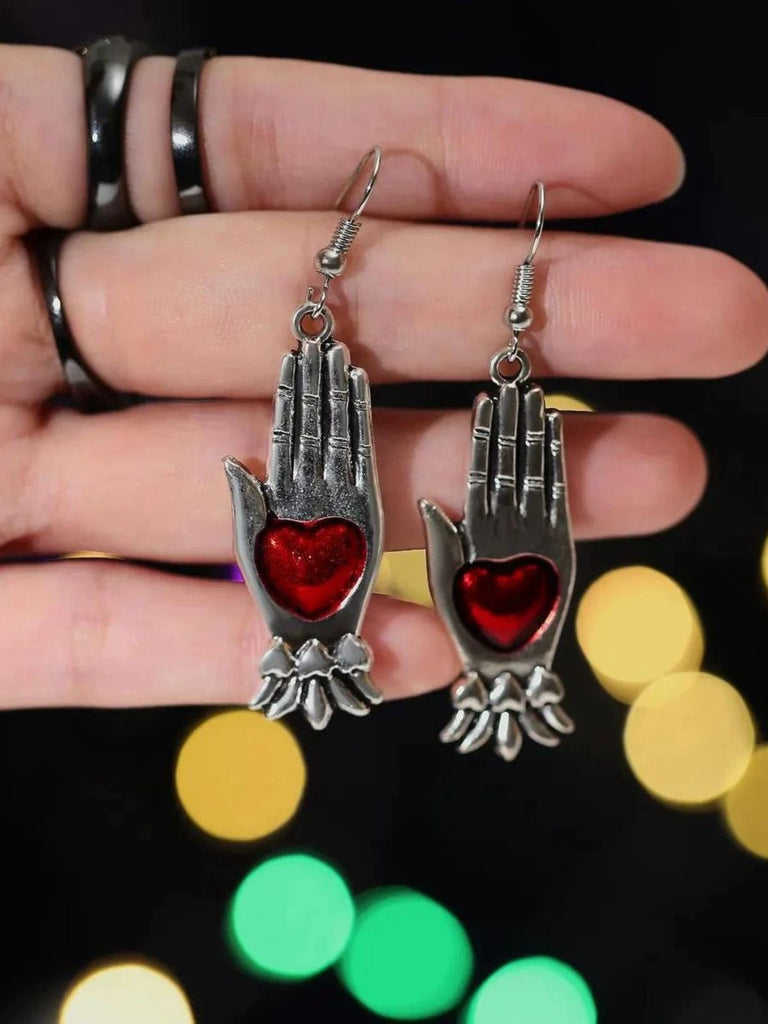 Red & Silver Vintage Gothic Heart Glove Earrings
