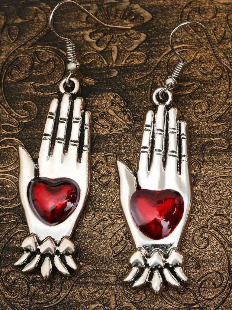 Red & Silver Vintage Gothic Heart Glove Earrings