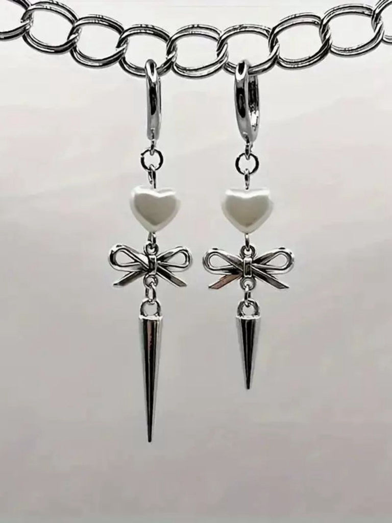 Silver Heart Asymmetrical Bow Drop Gothic Earrings