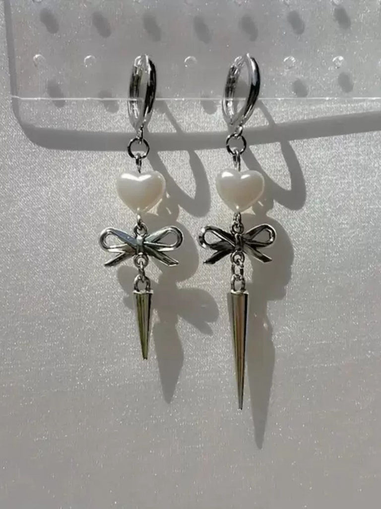 Silver Heart Asymmetrical Bow Drop Gothic Earrings