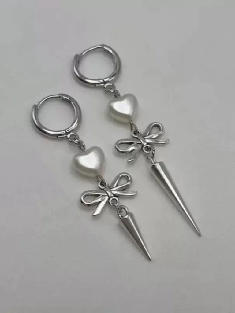 Silver Heart Asymmetrical Bow Drop Gothic Earrings