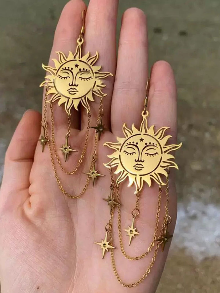 Gold Vintage Sun Face Chain Tarot Earrings