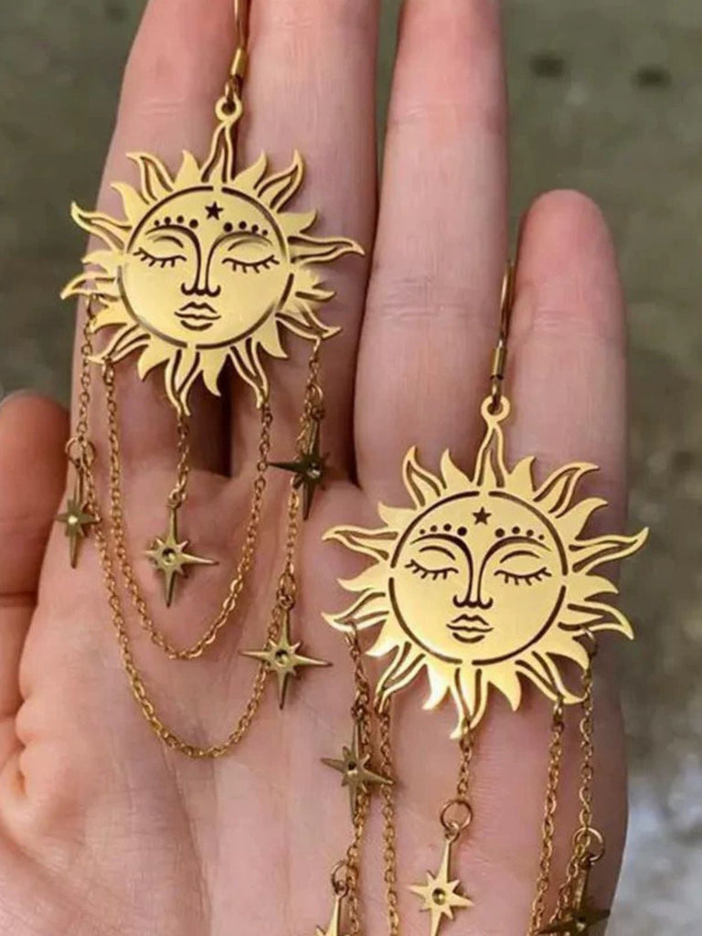 Gold Vintage Sun Face Chain Tarot Earrings