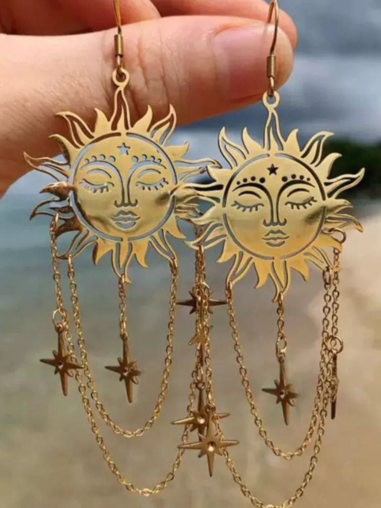 Gold Vintage Sun Face Chain Tarot Earrings