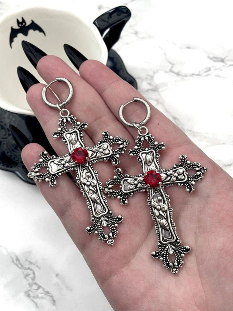 Vintage Halloween Gothic Cross 3D Flower Gemstone Earrings