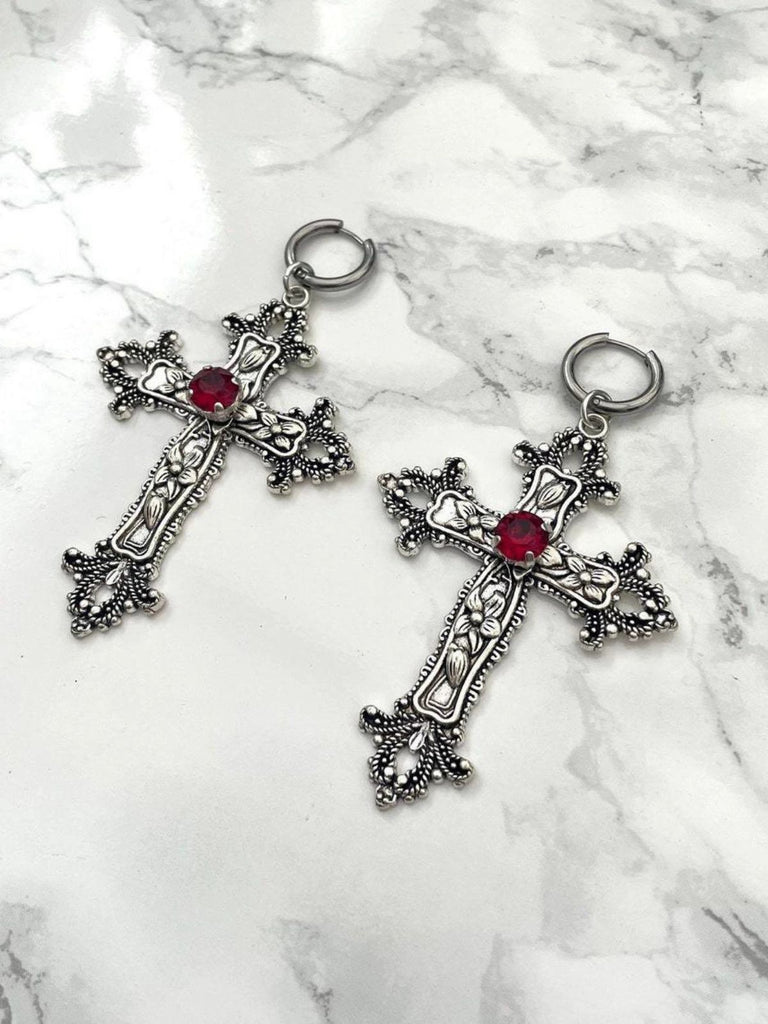 Vintage Halloween Gothic Cross 3D Flower Gemstone Earrings