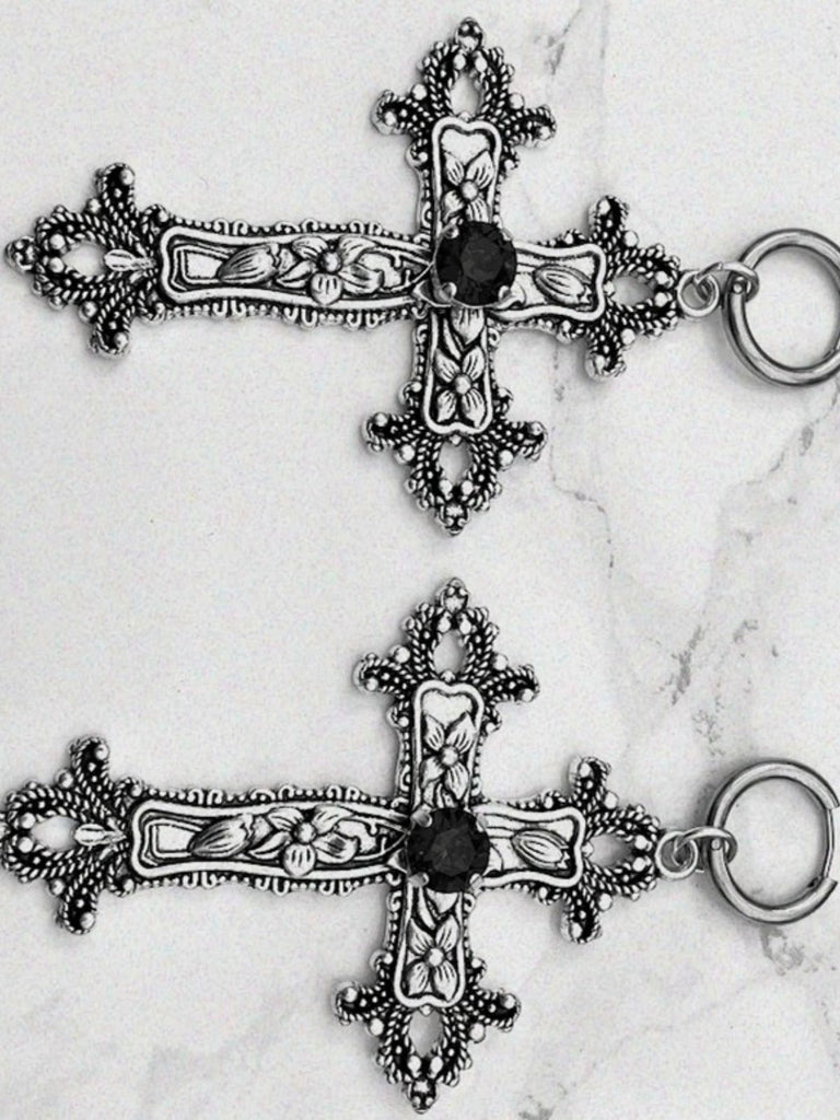 Vintage Halloween Gothic Cross 3D Flower Gemstone Earrings