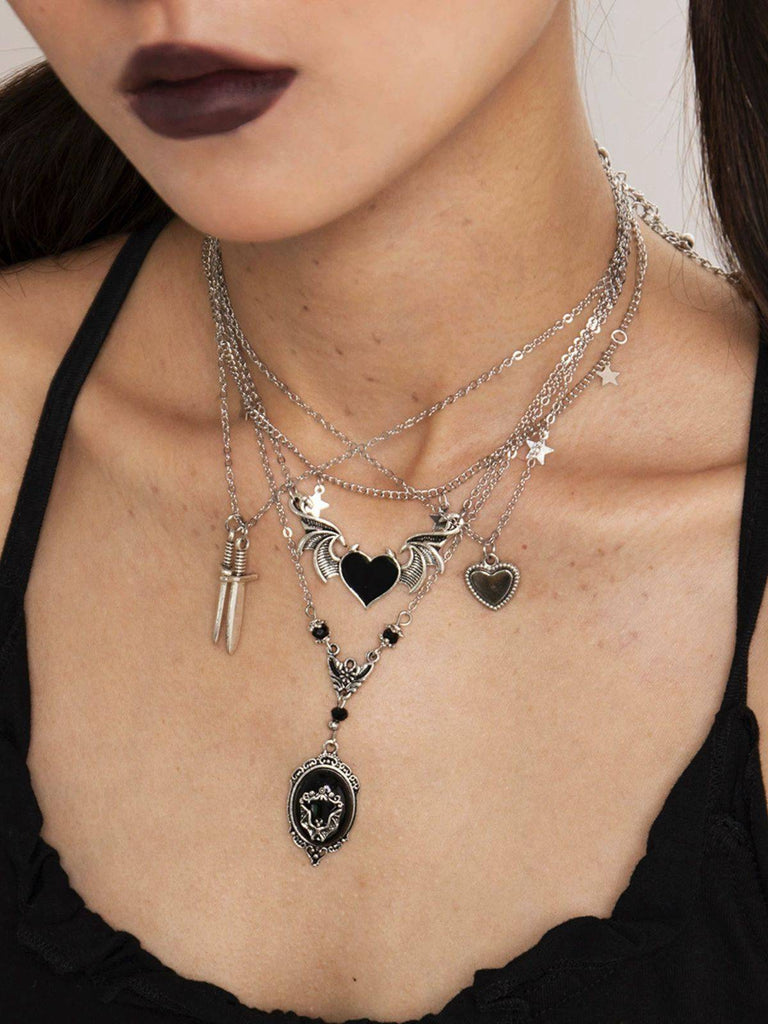 Black Gothic Heart Wings Star Dagger Pendant Necklace Set