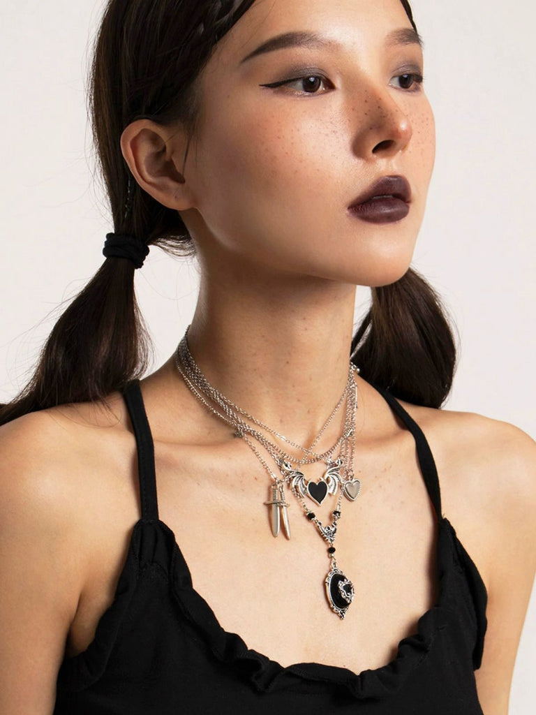 Black Gothic Heart Wings Star Dagger Pendant Necklace Set
