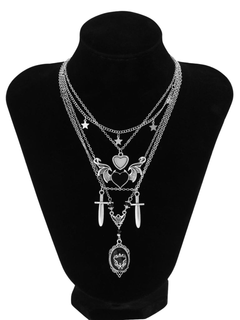 Black Gothic Heart Wings Star Dagger Pendant Necklace Set