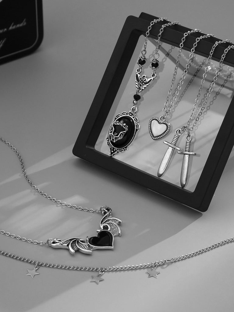 Black Gothic Heart Wings Star Dagger Pendant Necklace Set