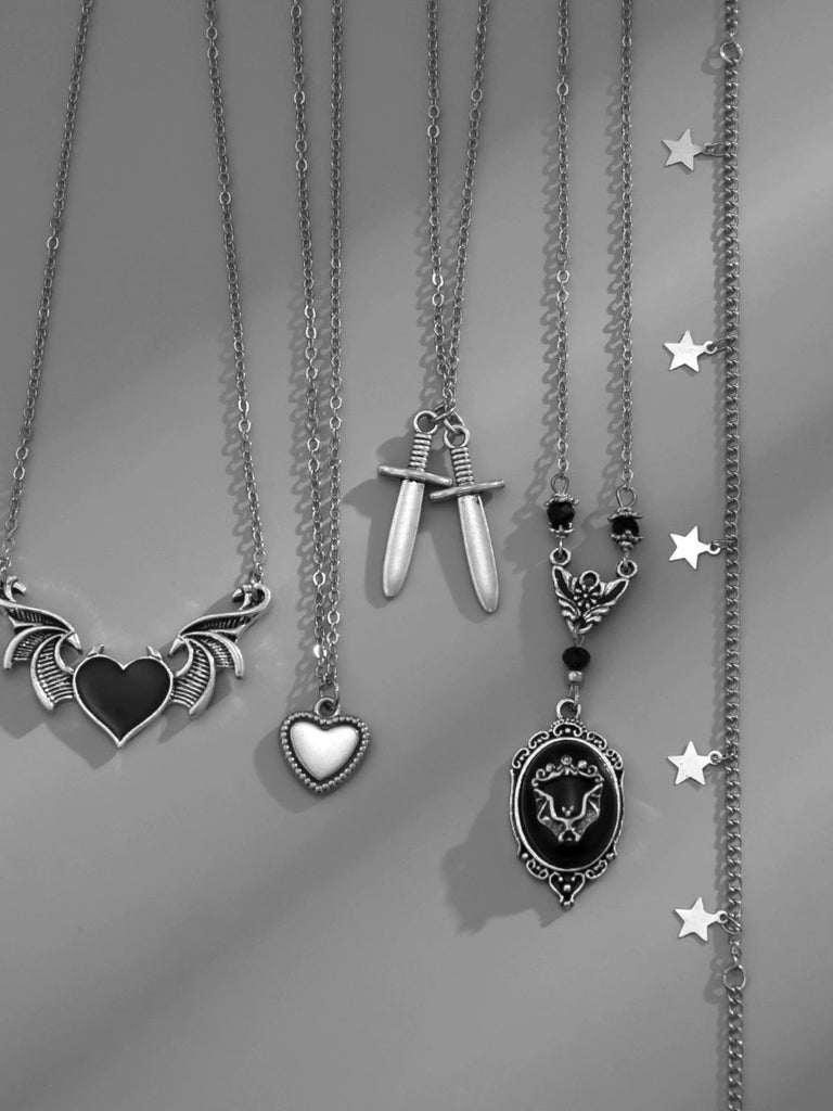 Black Gothic Heart Wings Star Dagger Pendant Necklace Set