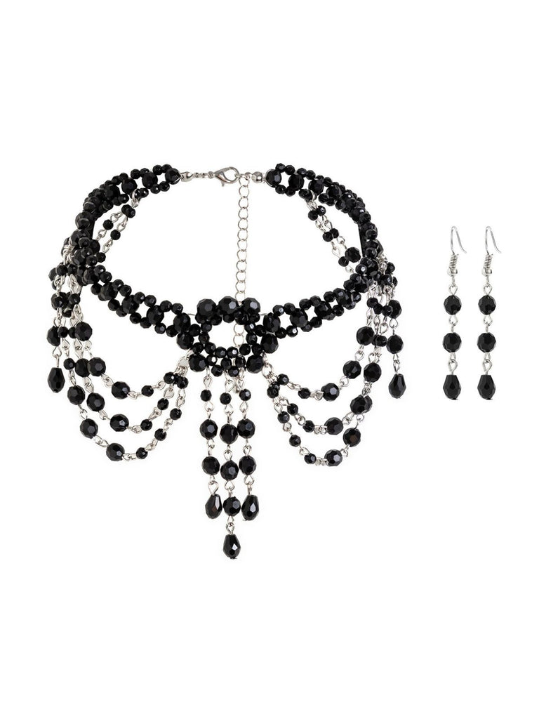 Black Gothic Beaded Crystal Pendant Necklace & Earring Set