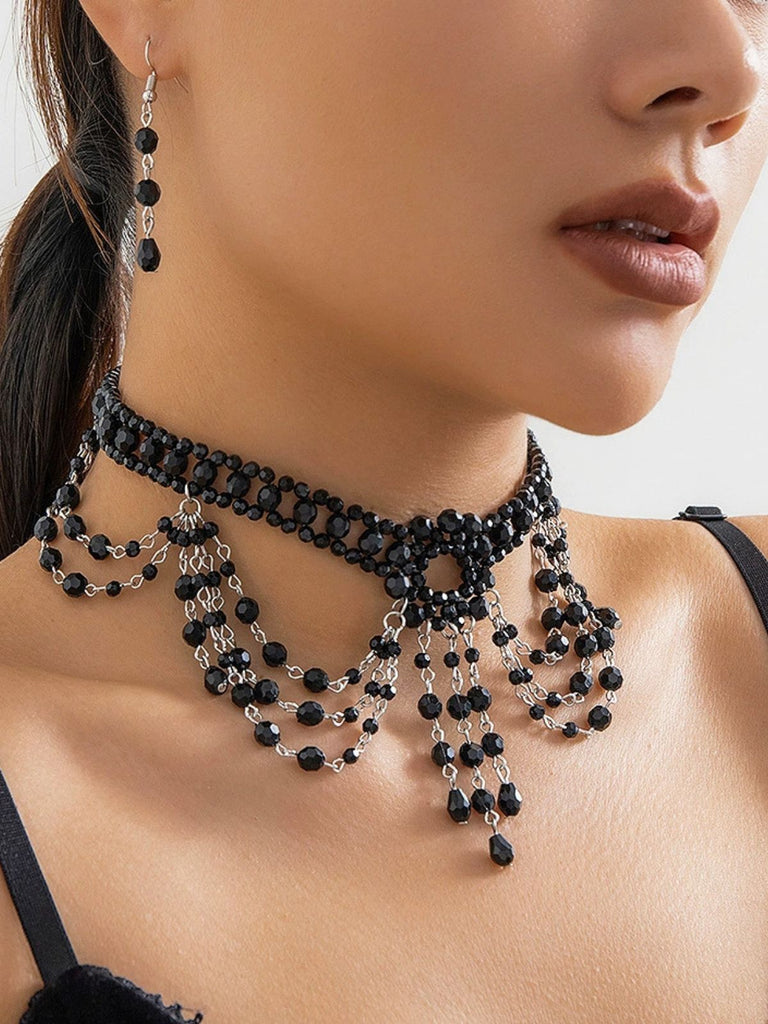 Black Gothic Beaded Crystal Pendant Necklace & Earring Set