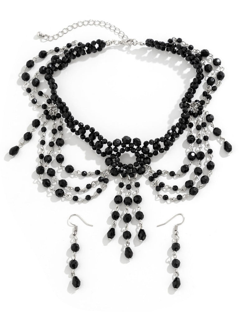 Black Gothic Beaded Crystal Pendant Necklace & Earring Set