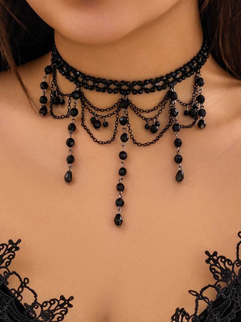 Black Gothic Artificial Crystal Tassels Pendant Necklace
