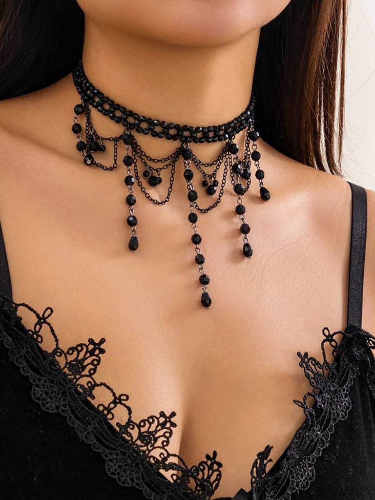 Black Gothic Artificial Crystal Tassels Pendant Necklace