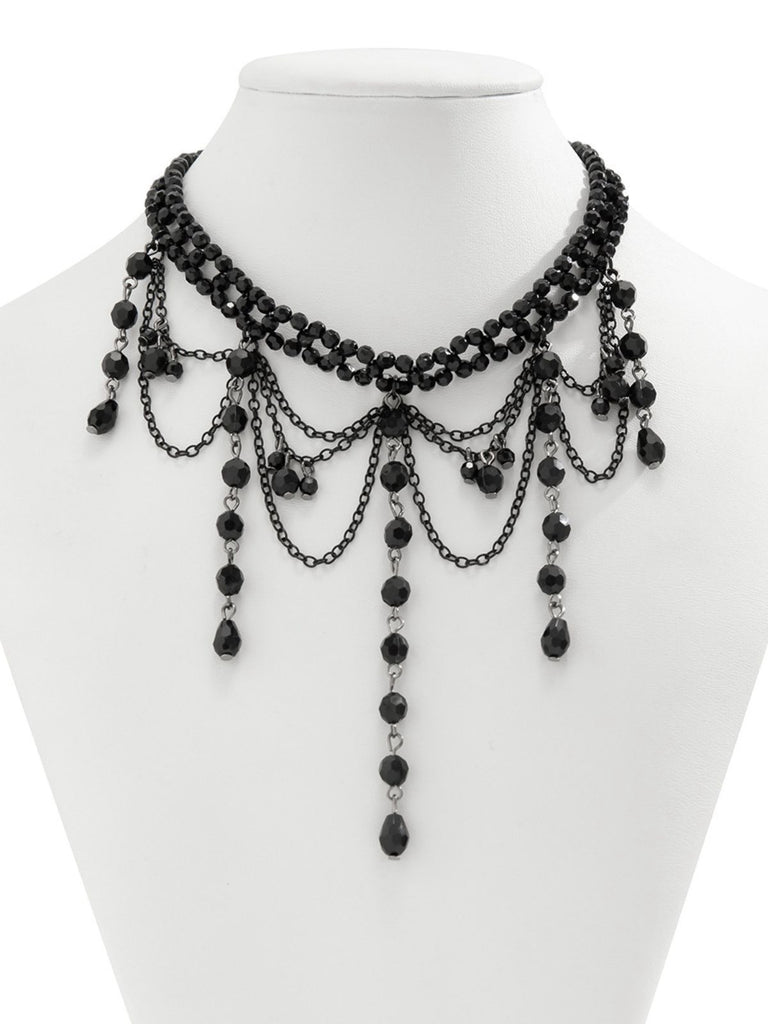 Black Gothic Artificial Crystal Tassels Pendant Necklace