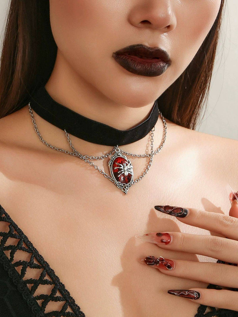 Gothic Spider Red Gemstone Pendant Chain Choker Necklace