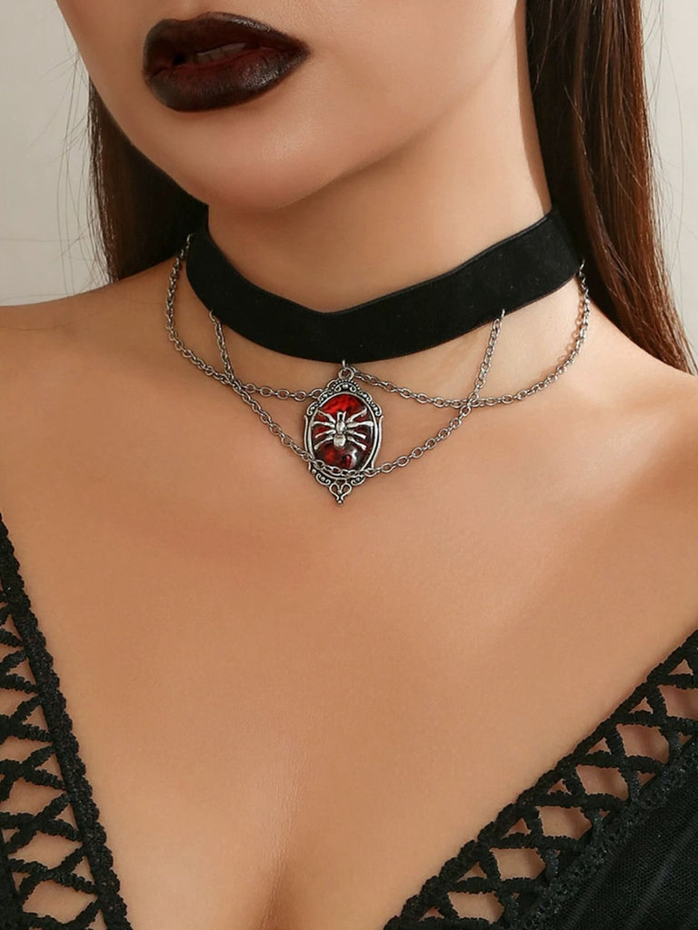 Gothic Spider Red Gemstone Pendant Chain Choker Necklace