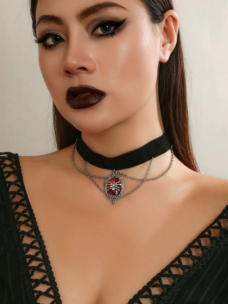 Gothic Spider Red Gemstone Pendant Chain Choker Necklace