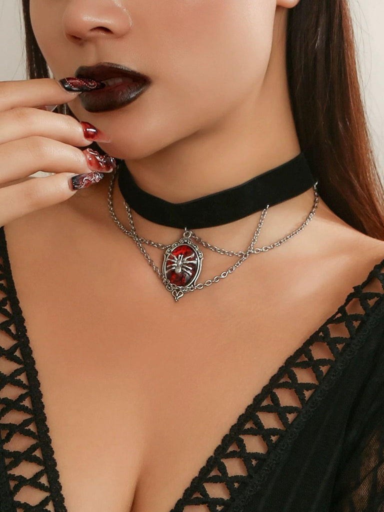 Gothic Spider Red Gemstone Pendant Chain Choker Necklace