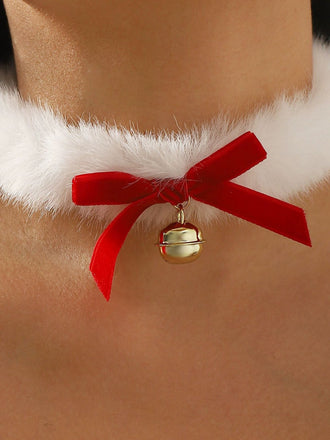 Christmas Bowknot Bell Plush Choker Necklace