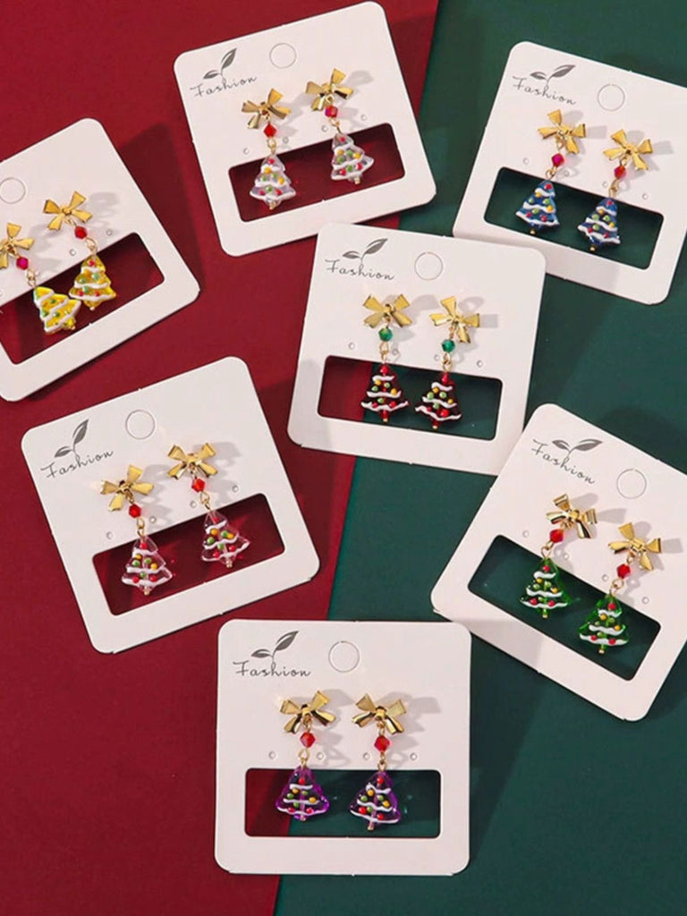 Vintage Gold Bowknot Christmas Tree Dangle Earrings