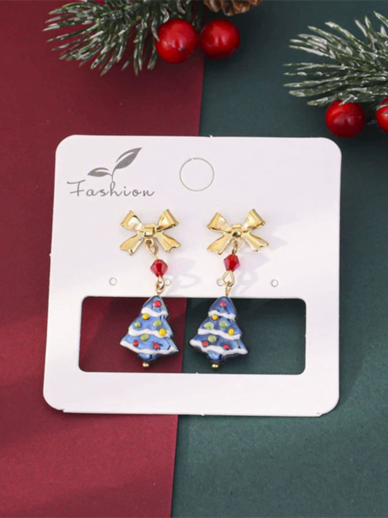 Vintage Gold Bowknot Christmas Tree Dangle Earrings