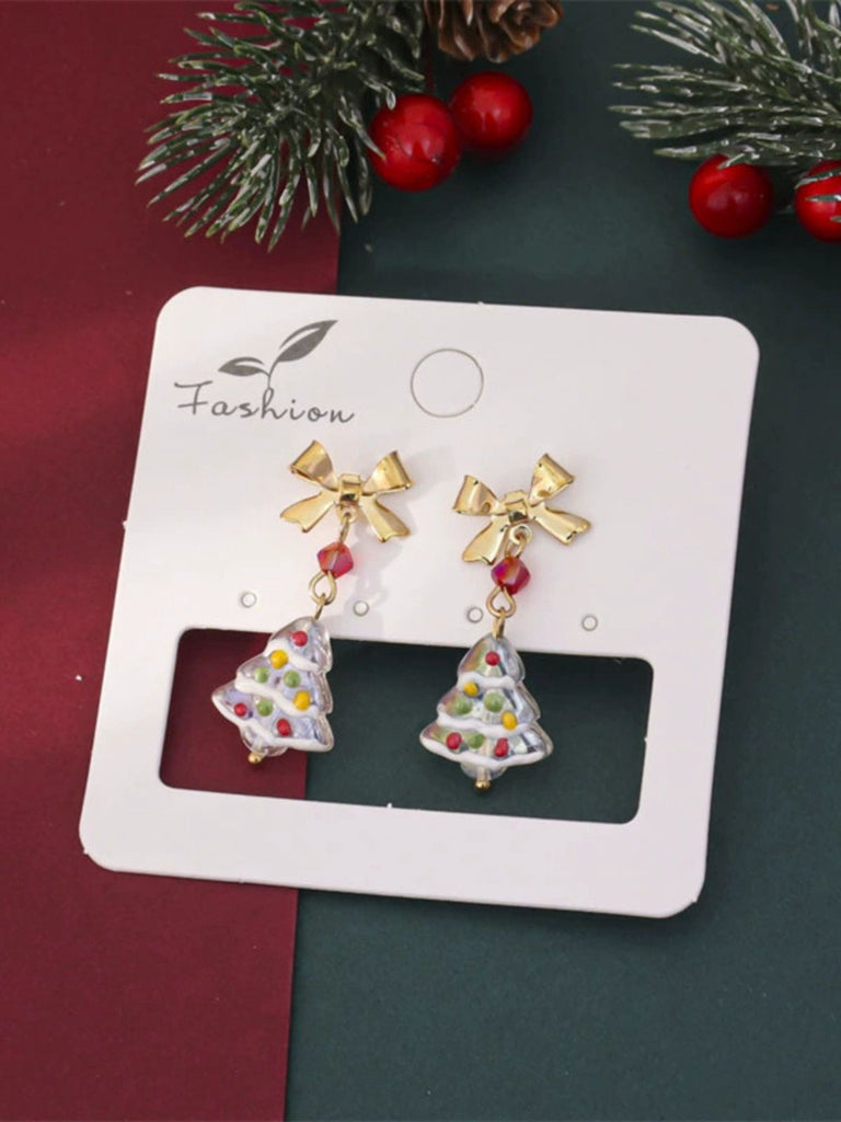 Vintage Gold Bowknot Christmas Tree Dangle Earrings