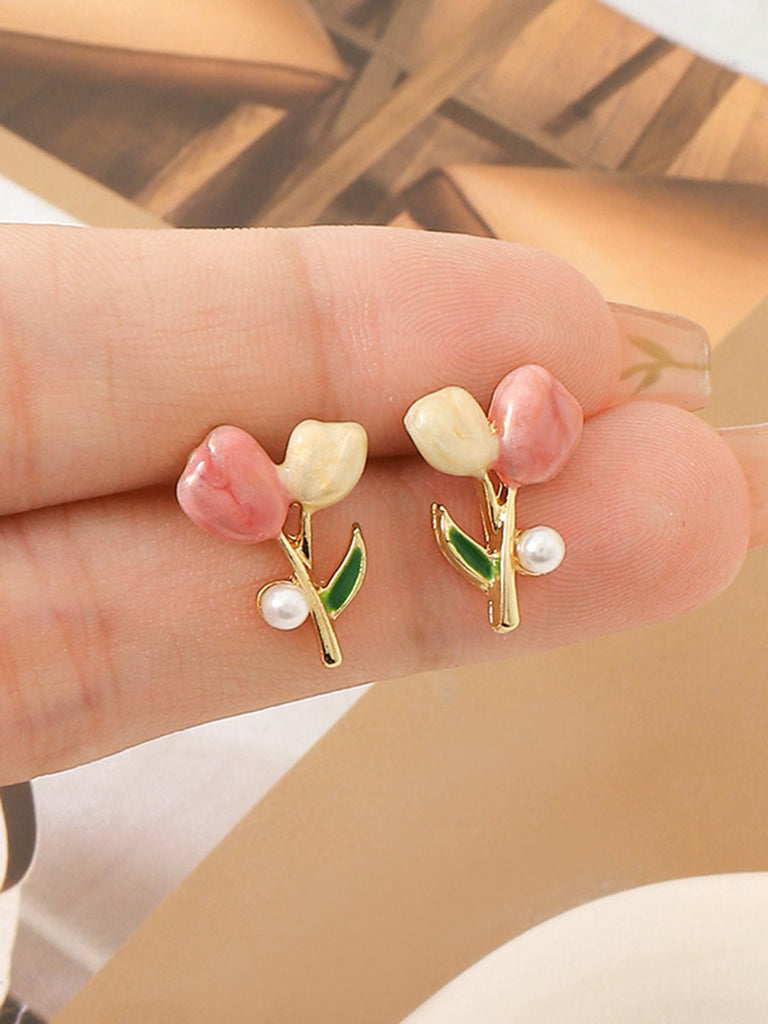 Pink Tulip Flower Pearl Stud Earrings