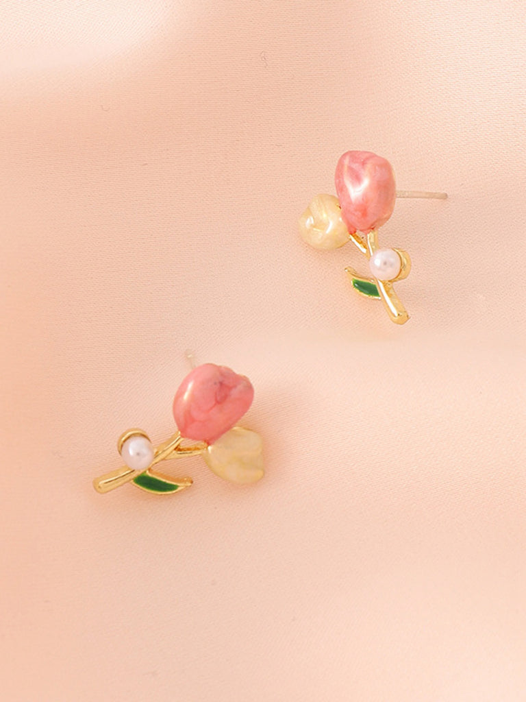 Pink Tulip Flower Pearl Stud Earrings