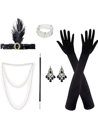 Gatsby 1920s Party Feather Headband & Pearl Necklace Set