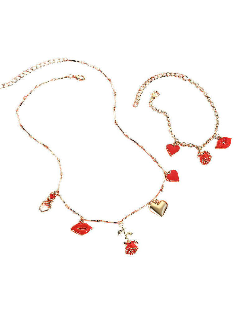 Red Valentine's Rose Heart Lips Necklace & Bracelet Set