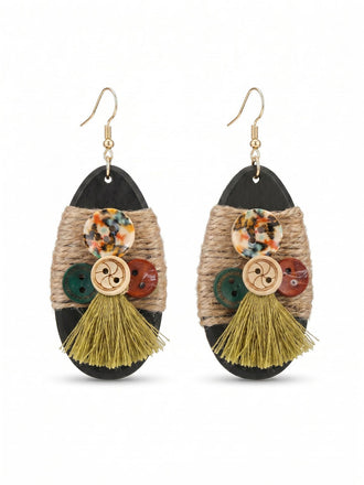 Boho Wooden Button Tassel Drop Earrings, vintage fashion, retro style - perfect for women who love vintage and retro fashion