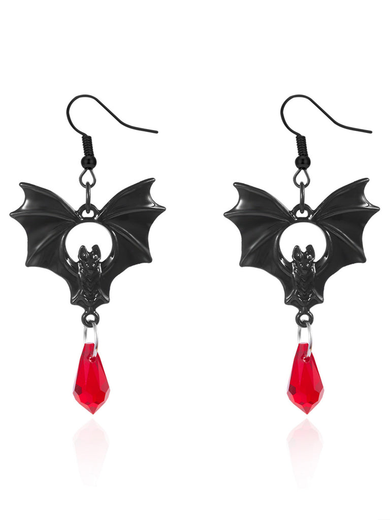 Gothic Black Bat Red Crystal Drop Earrings