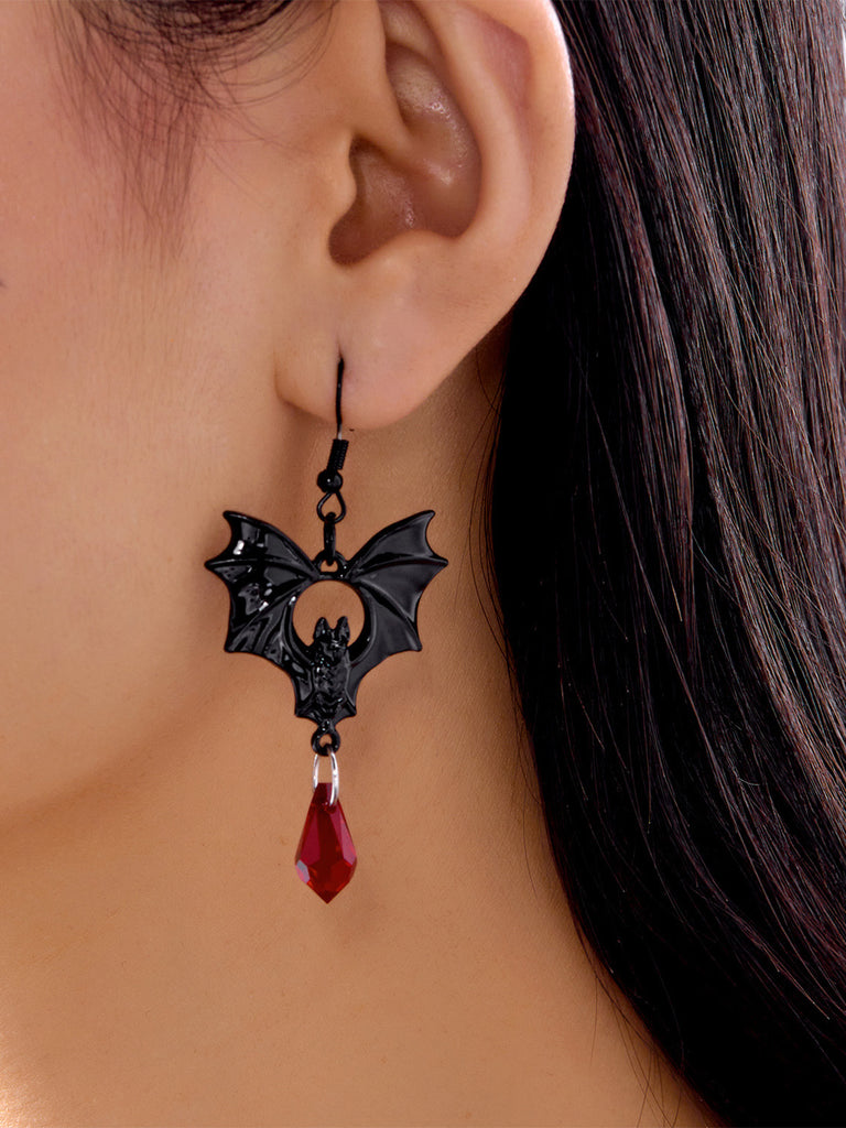Gothic Black Bat Red Crystal Drop Earrings