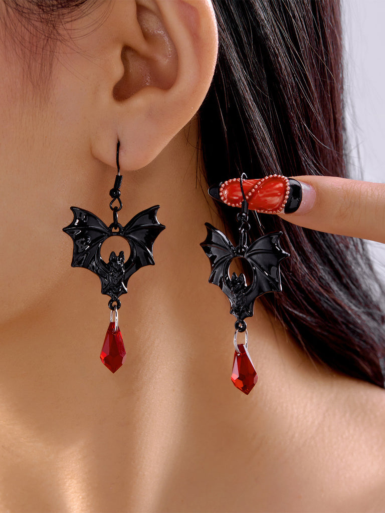 Gothic Black Bat Red Crystal Drop Earrings