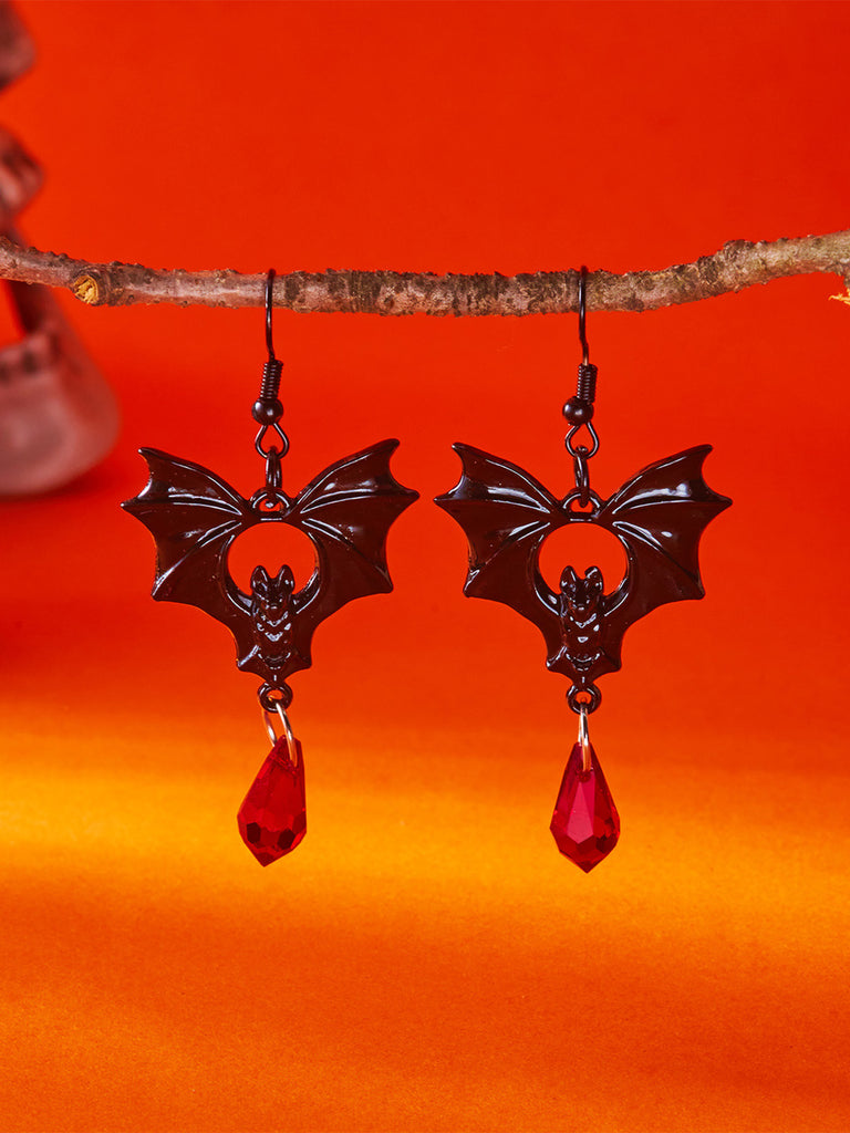 Gothic Black Bat Red Crystal Drop Earrings