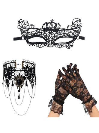 3PCS Gothic Black Lace Masquerade Mask Set