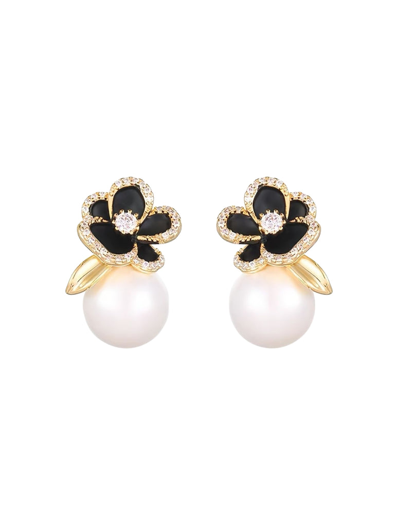 Gold Floral Pearl Rhinestone Stud Earrings