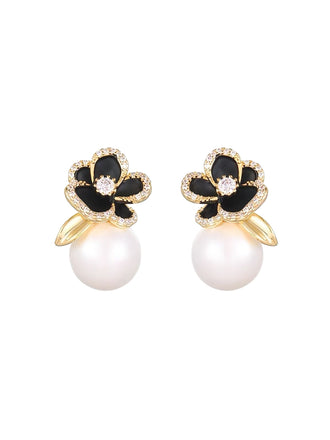 Gold Floral Pearl Rhinestone Stud Earrings