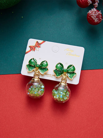 Green Bow Crystal Ball Stud Earrings 1