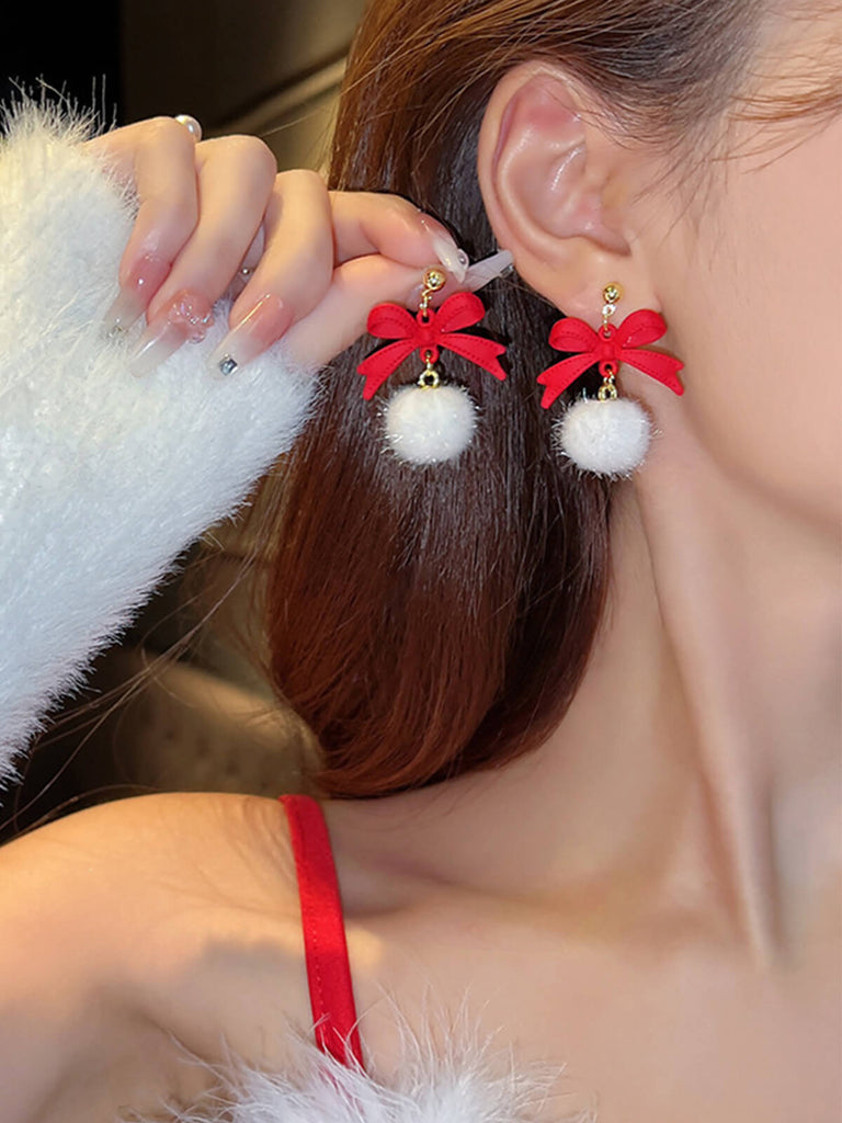 Christmas Red Bow White Plush Ball Earrings