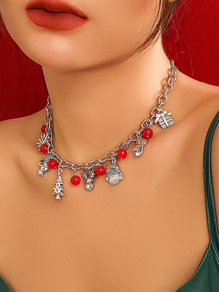 Red Silver Metallic Christmas Elements Necklace