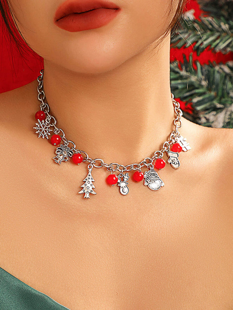 Red Silver Metallic Christmas Elements Necklace