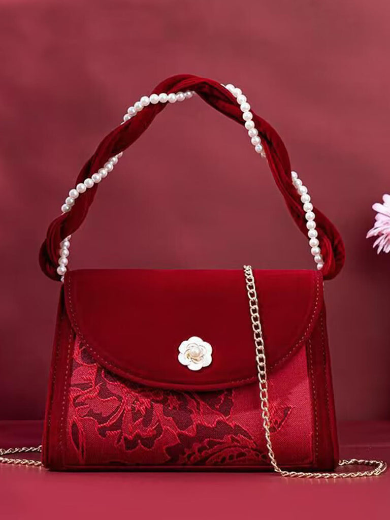 Vintage Red Velvet Pearl Jacquard Square Bag