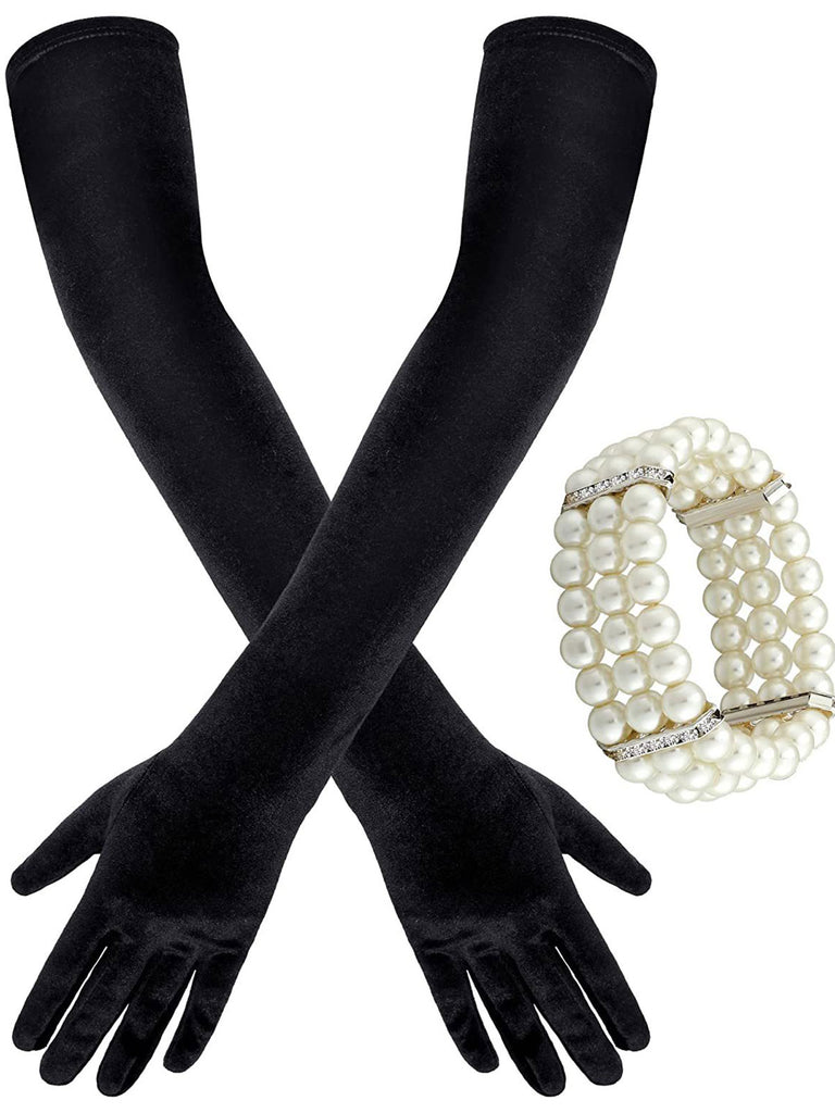 Opera Party Velvet Gloves With Pearl Bracelet