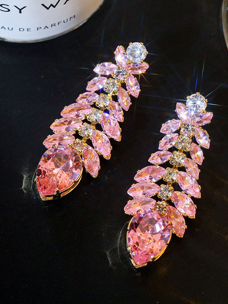 Pink Gem Leaf Sparkling Earrings