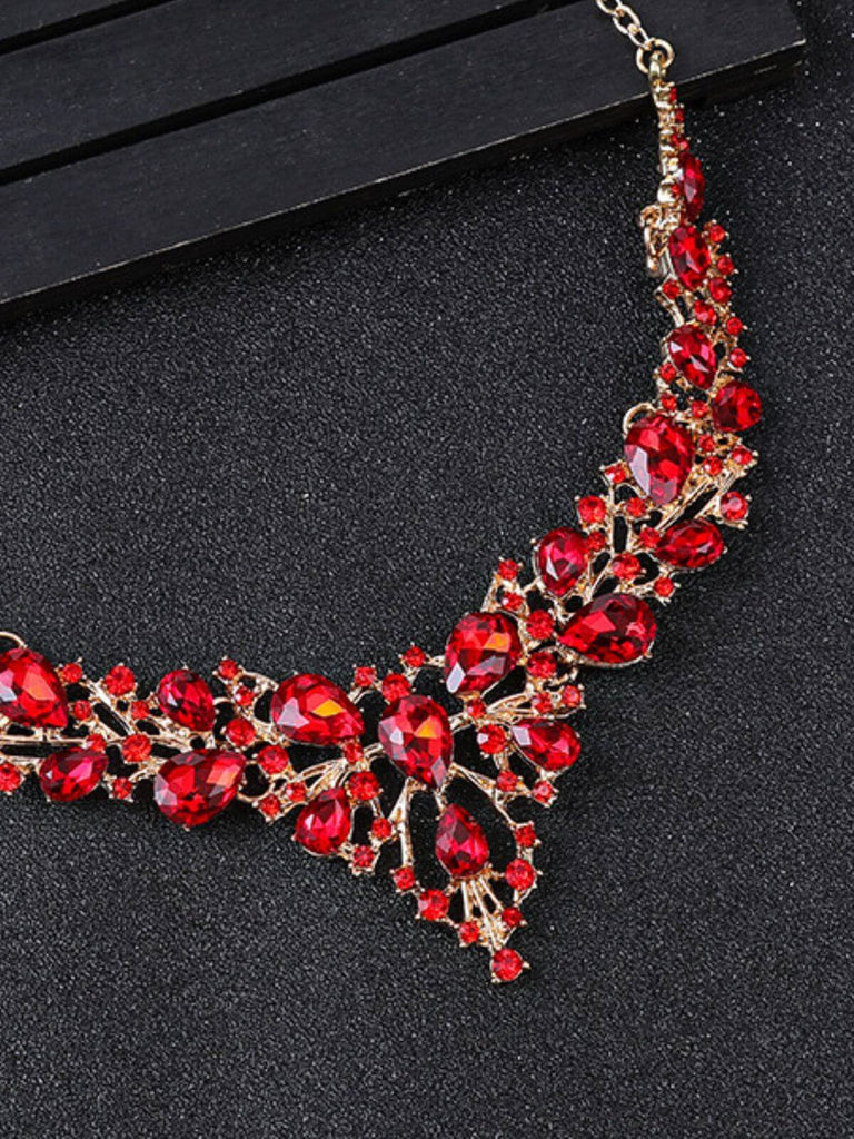 Red Teardrop Rhinestone Necklace & Earrings Set